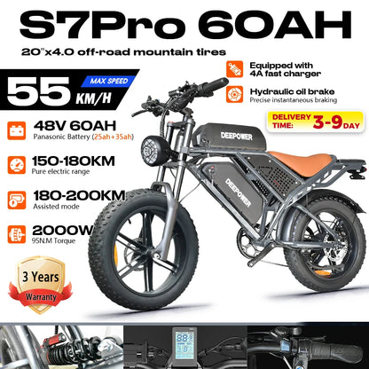 DEEPOWER S7Pro Electric Bike for Adults, 48V, 60Ah,Dual Battery, 20''x4.0 Fat Tires,Snow Mountain E-Bike, 2000W Electric Bicycle