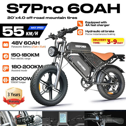DEEPOWER S7Pro Electric Bike for Adults, 48V, 60Ah,Dual Battery, 20''x4.0 Fat Tires,Snow Mountain E-Bike, 2000W Electric Bicycle